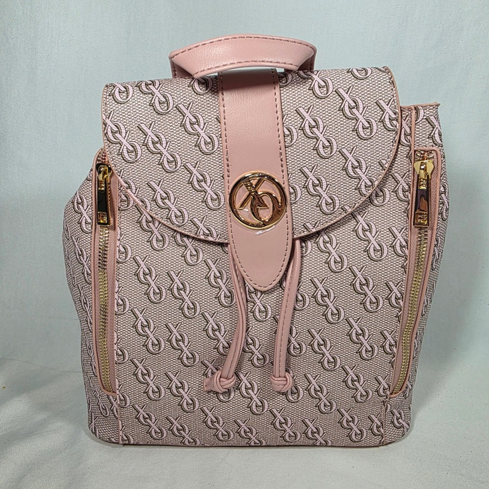 XOXO Pink Monogram Vegan Leather Backpack Gold Logo Flap Bag New